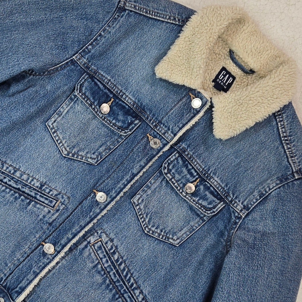 Gap Denim Sherpa Trucker Jacket Women's L Medium Wash Faux Shearling Lined